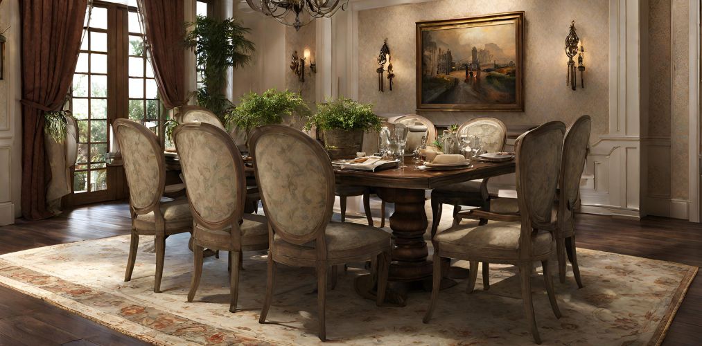 Traditional dining room with wall sconces and painting - Beautiful Homes