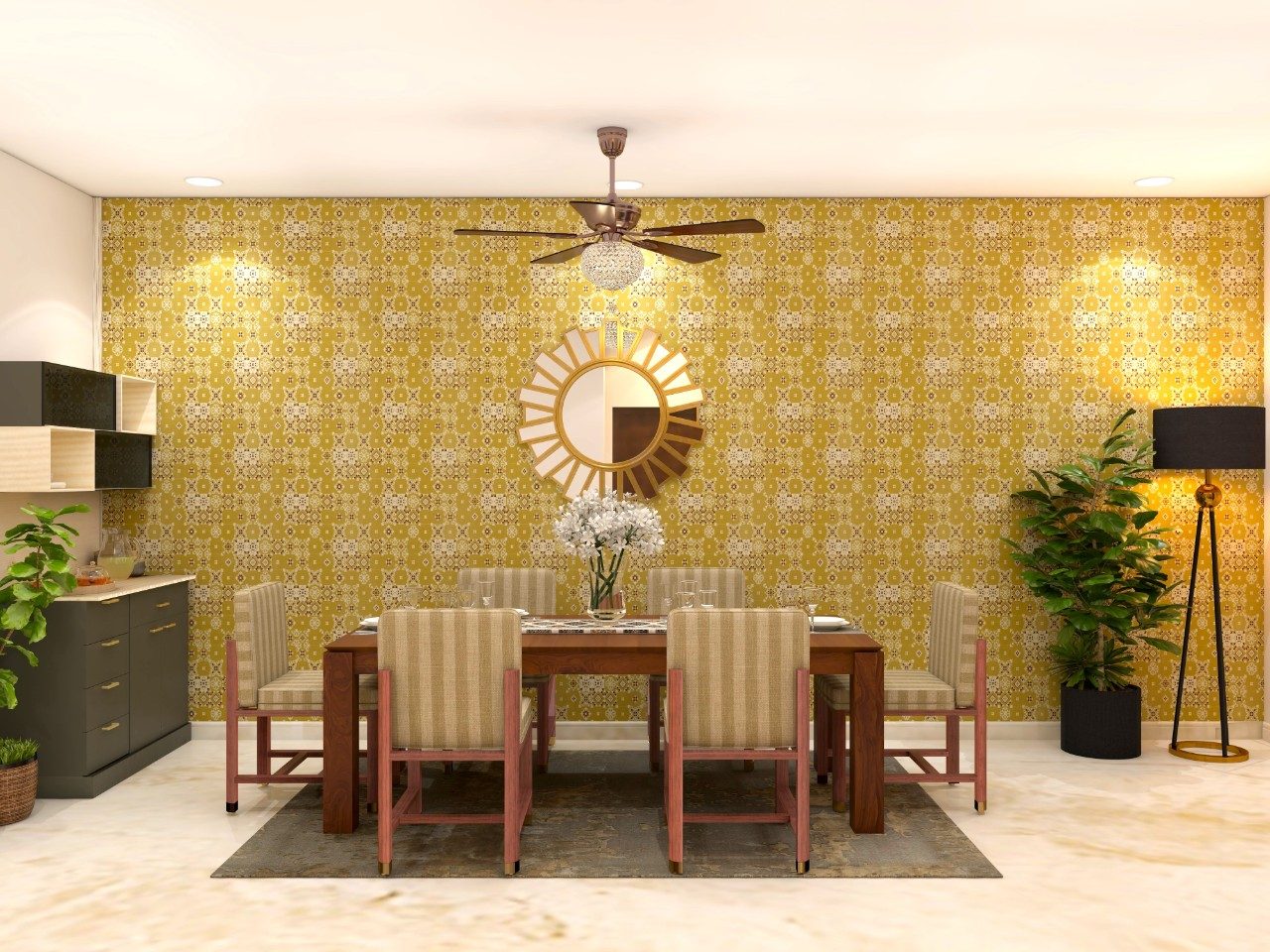 Traditional dining room with wooden dining table and wallpaper-Beautiful Homes