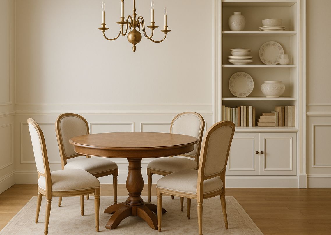 Wooden round table with upholstered chairs - Beautiful Homes