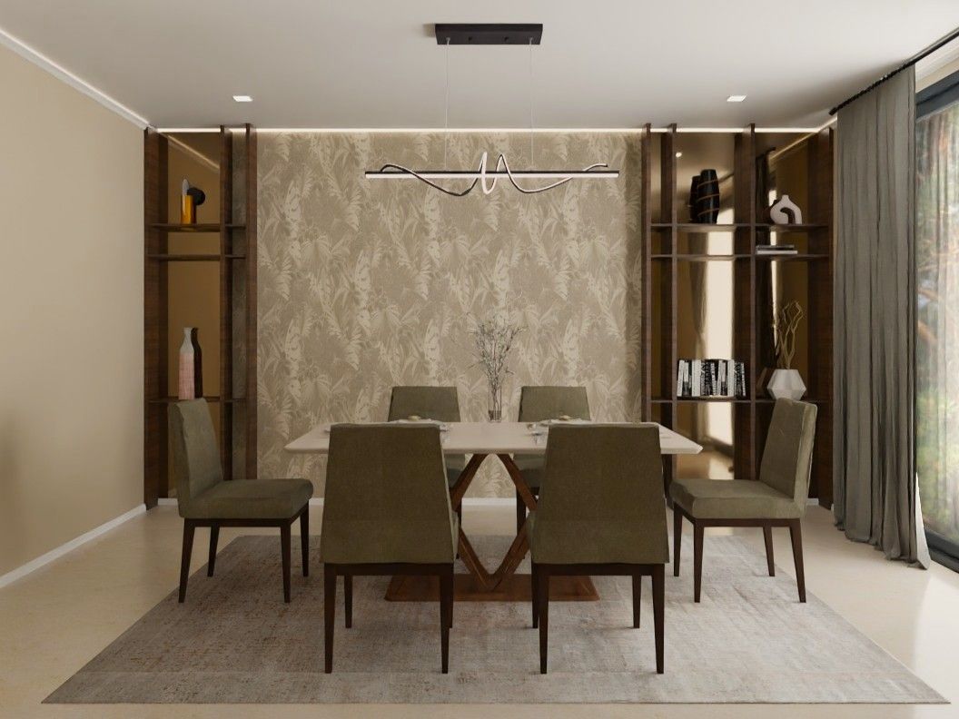 Modern dining room featuring a rectangular table, olive green chairs, patterned wallpaper, and built-in shelving - Beautiful Homes