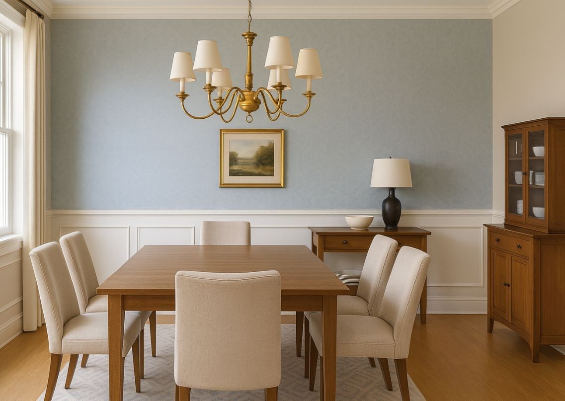 Dining room with wooden table and beige chairs - Beautiful Homes