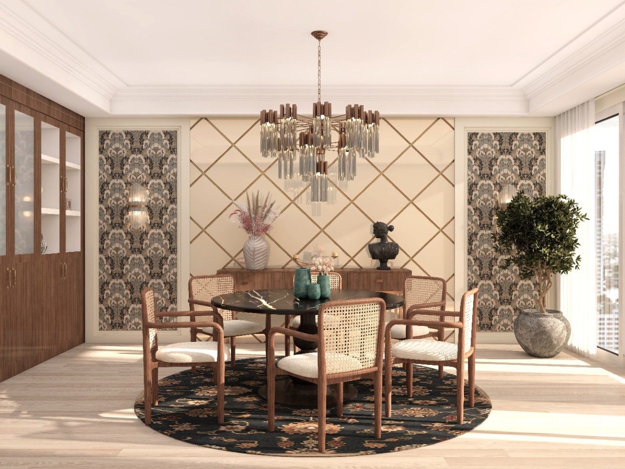 Elegant dining room with round table and décor - Beautiful Homes
