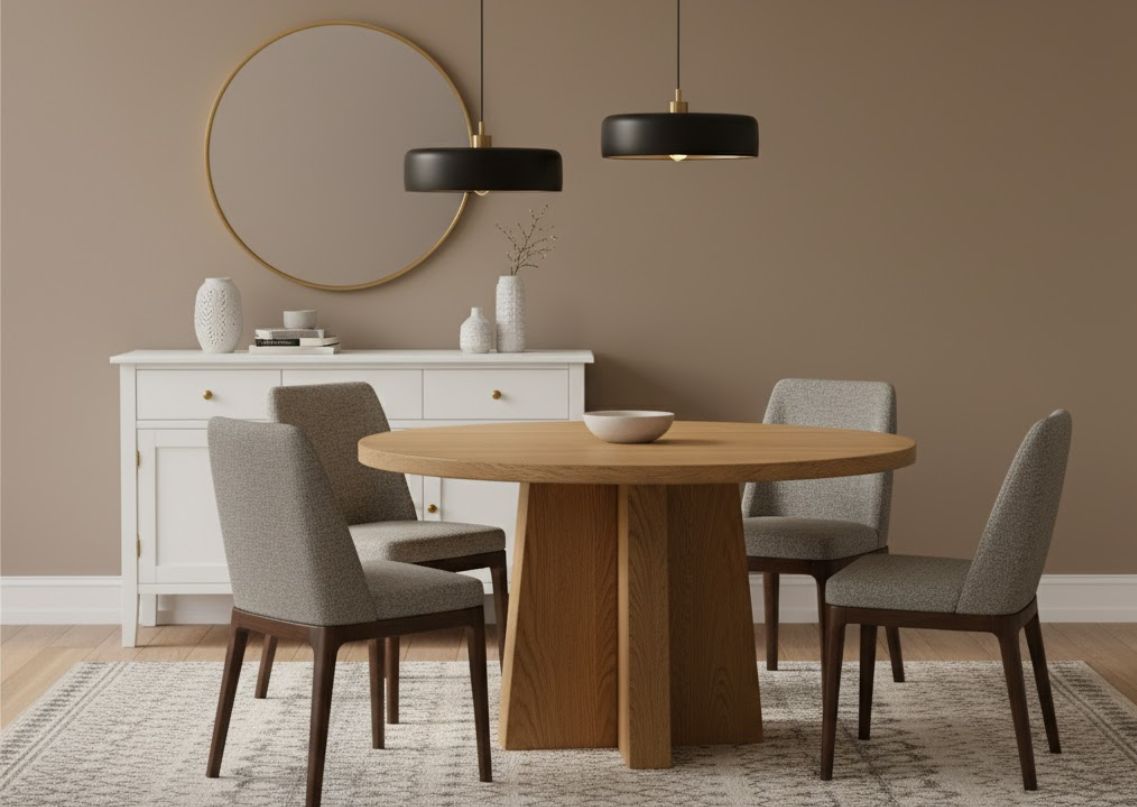 Round wooden table with grey chairs and pendant lights - Beautiful Homes