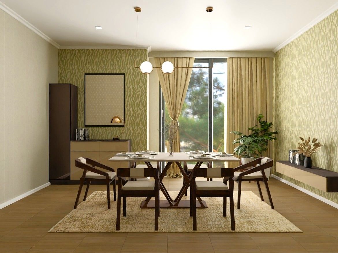 Contemporary dining room featuring patterned walls, a marble table, and warm lighting - Beautiful Homes