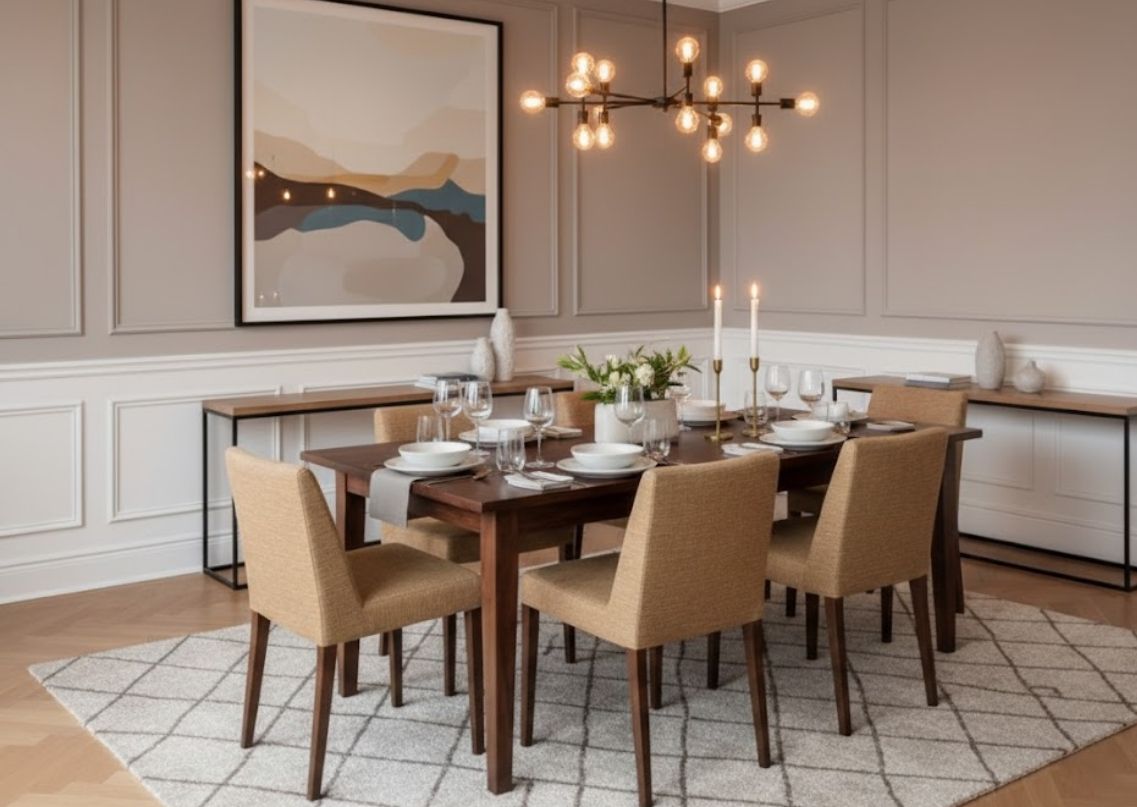 Dining room with wooden table and beige chairs - Beautiful Homes