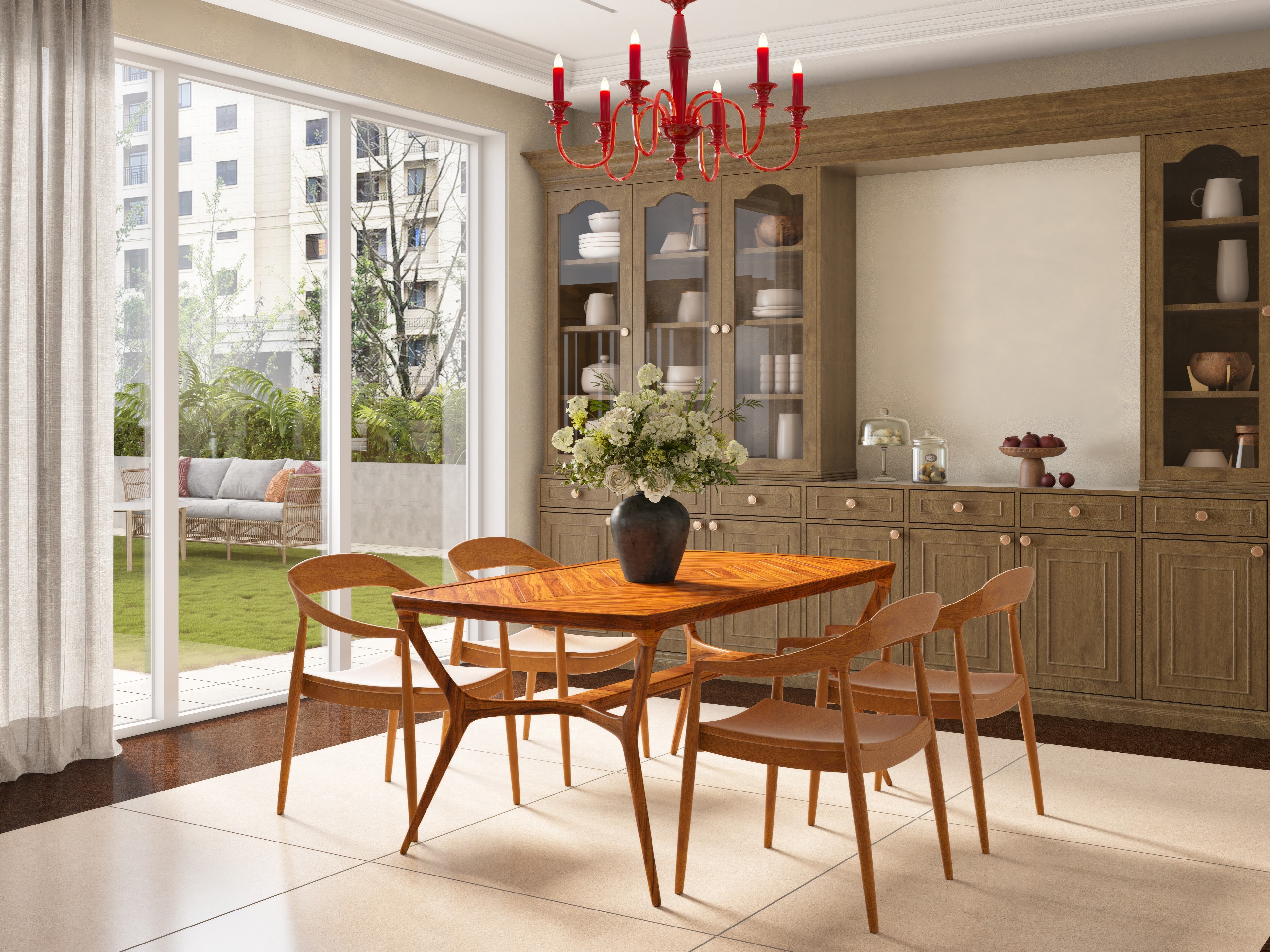 Dining room with wooden table and red chandelier - Beautiful Homes