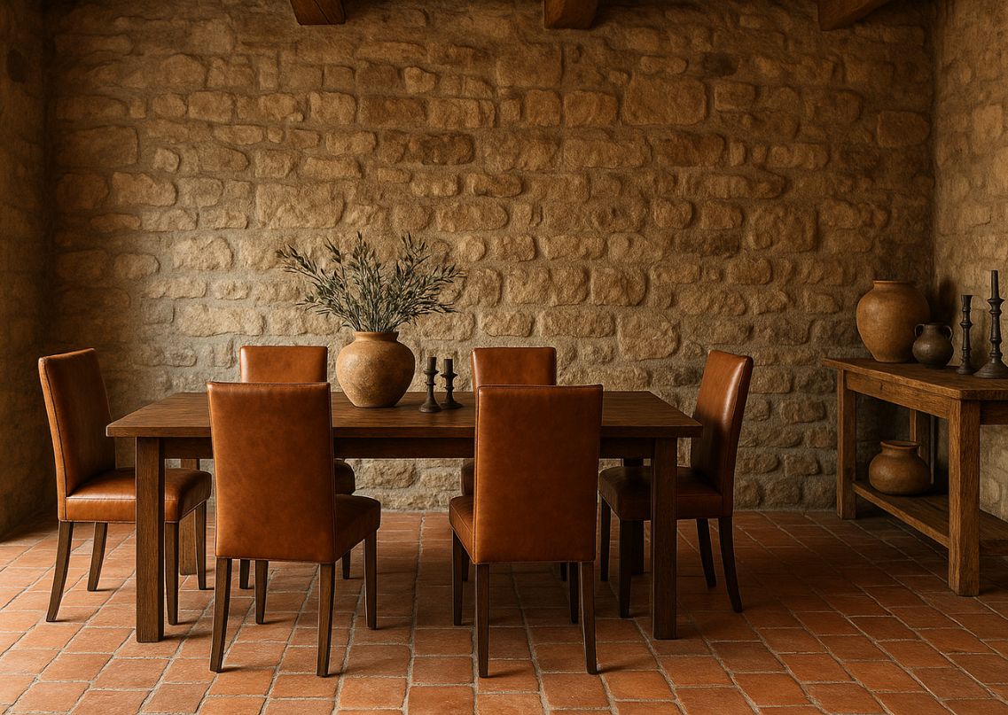 Rustic dining room with wooden table and leather chairs - Beautiful Homes
