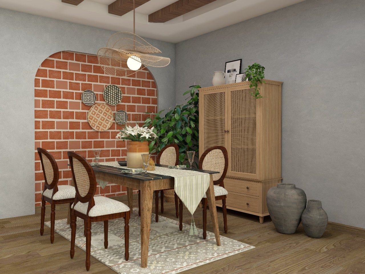 Vernacular dining area with brick wall and Nilaya wooden table and chairs - Beautiful Homes