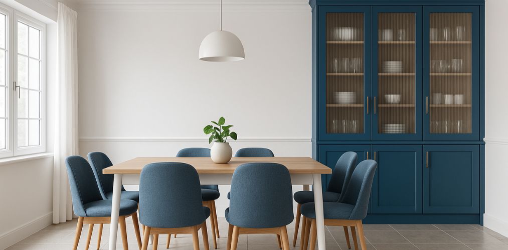 Dining room with blue chairs and wooden table - Beautiful Homes
