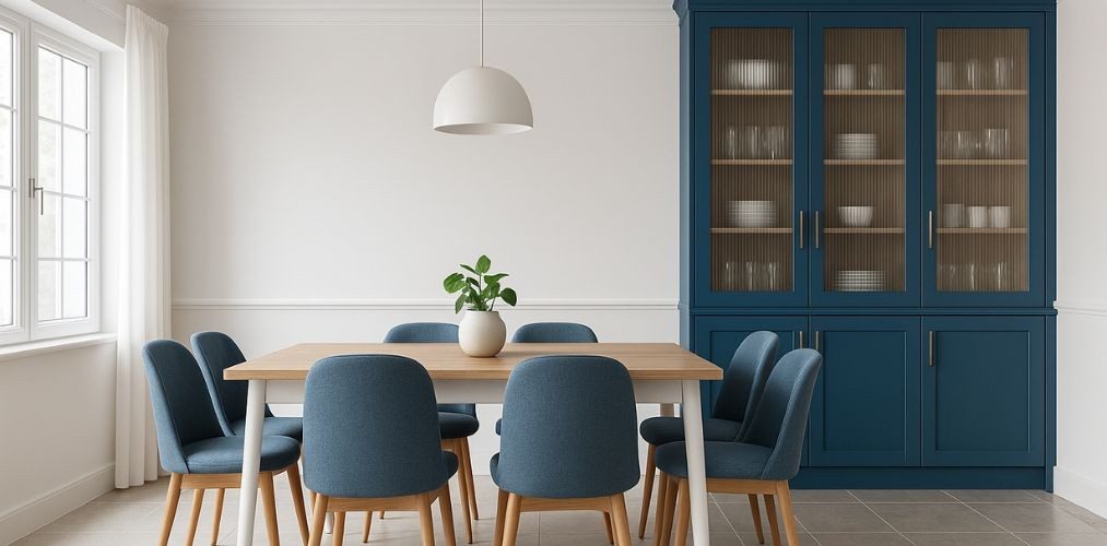 Dining room with blue chairs and wooden table - Beautiful Homes