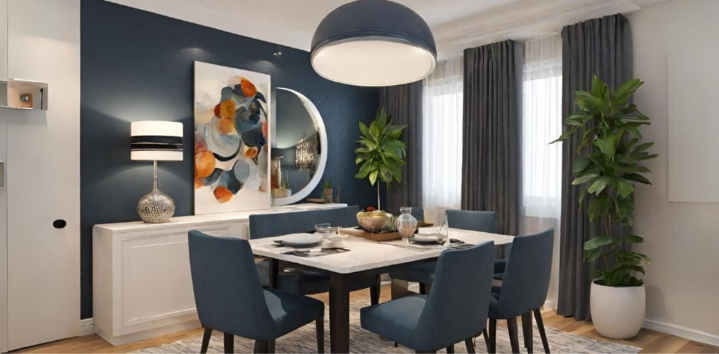 White and blue dining room with white sideboard-Beautiful Homes