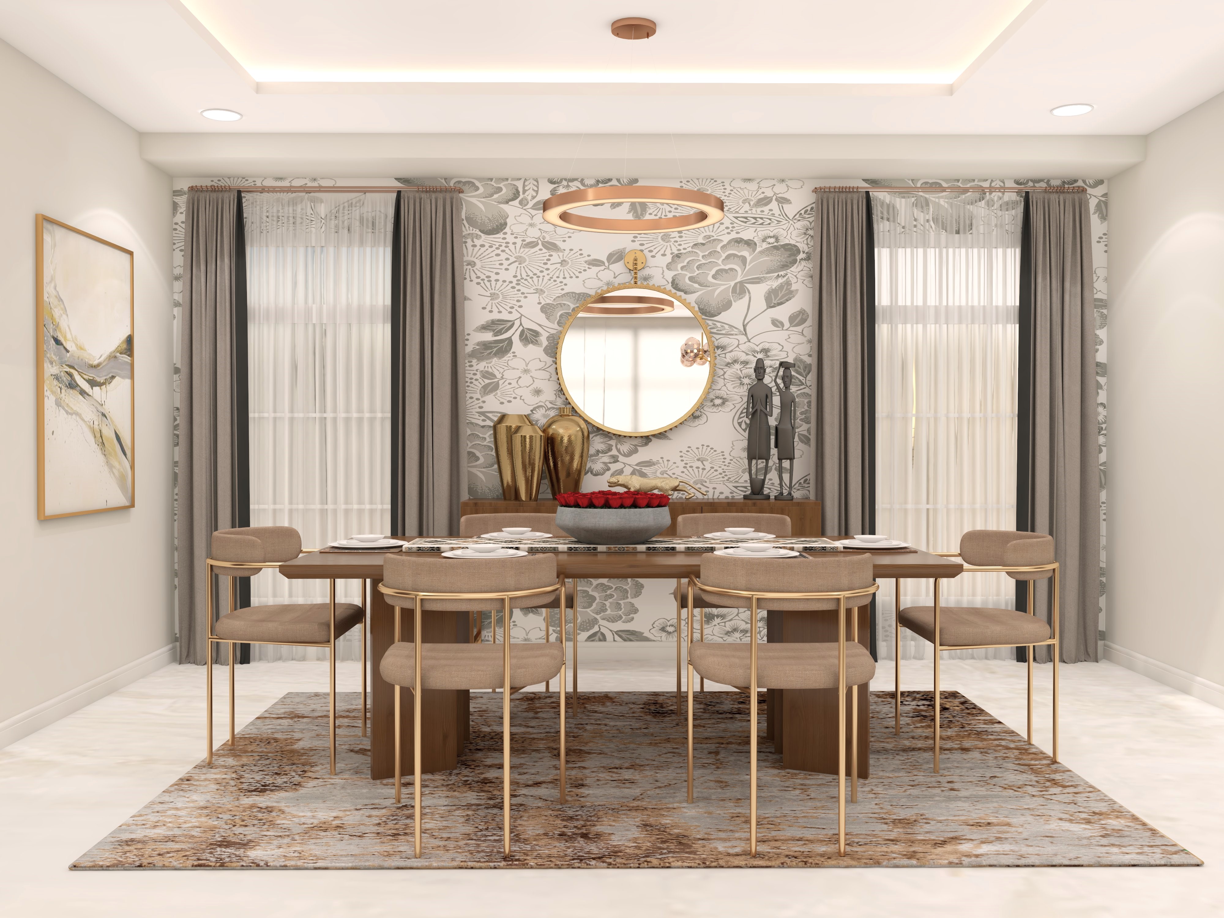 White and brown dining room with gold finish metal chair legs and wooden dining table-Beautiful Homes