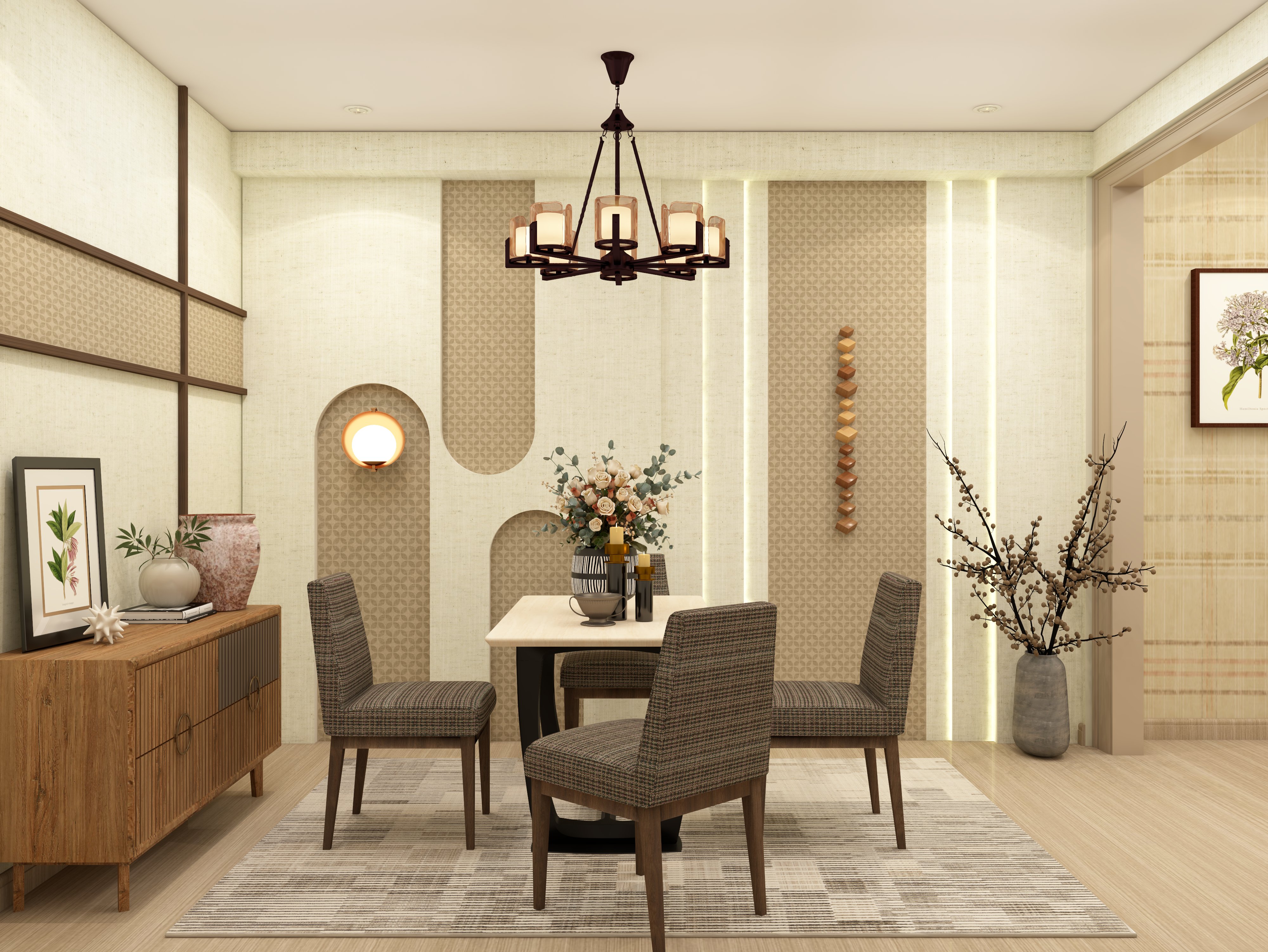 White and brown modern dining room with chandelier - Beautiful Homes