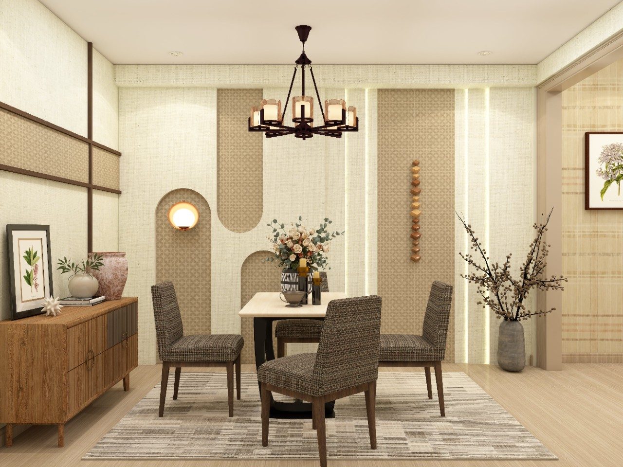 White and brown modern dining room with chandelier - Beautiful Homes