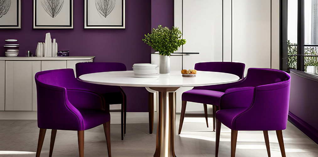 White and purple dining room with upholstered chairs-Beautiful Homes