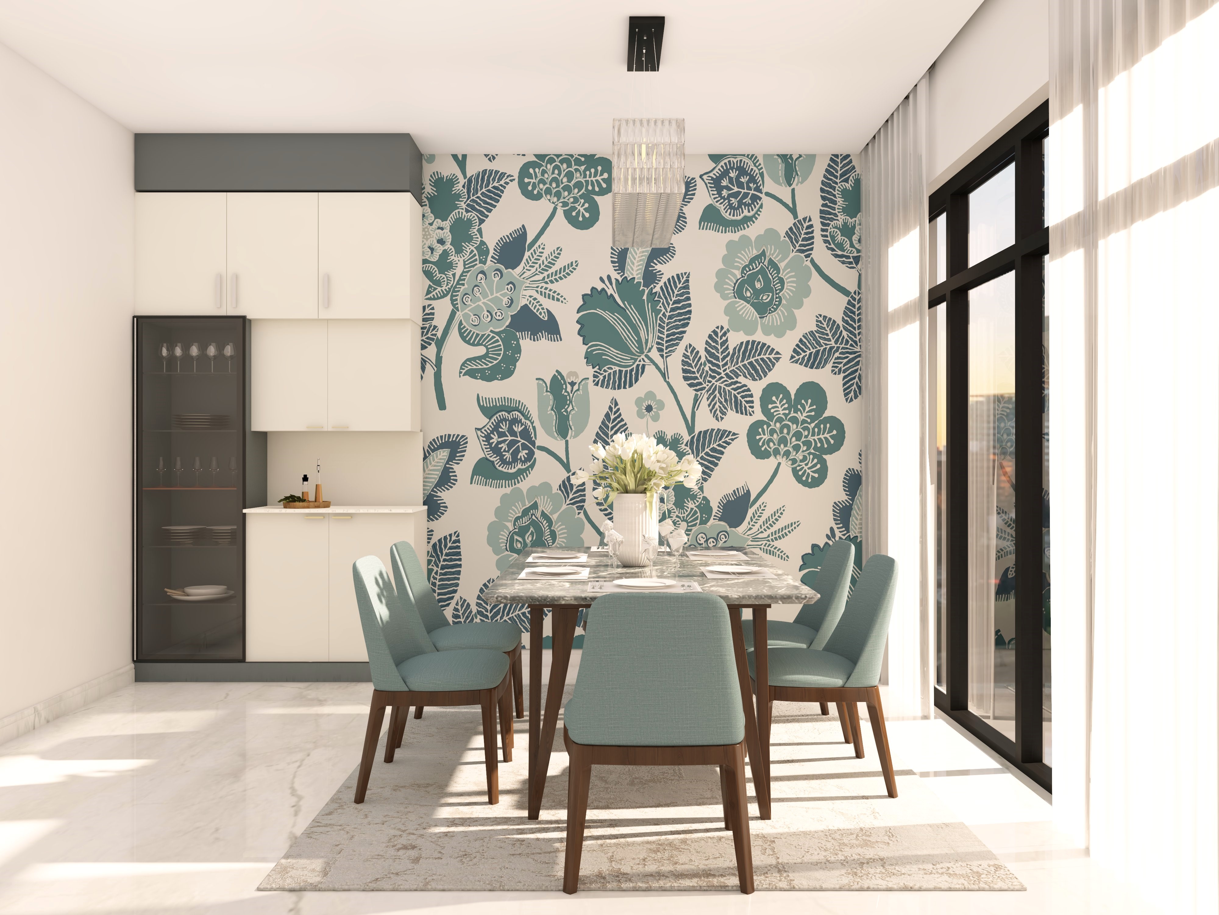 White and teal dining room with wallpaper and white crockery unit-Beautiful Homes