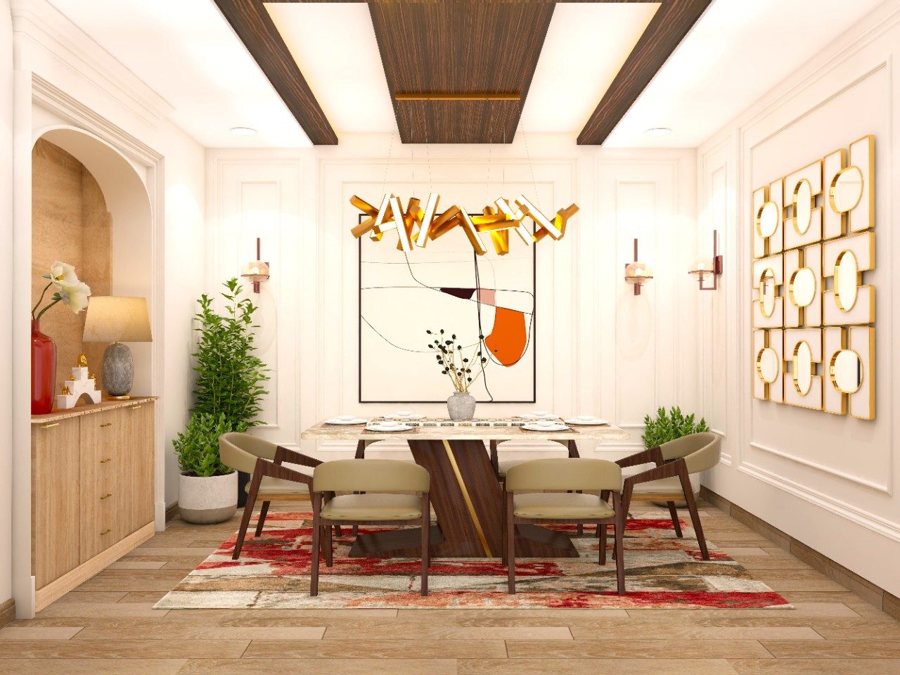 White dining room with green designer chairs and carpet with red accents-Beautiful Homes