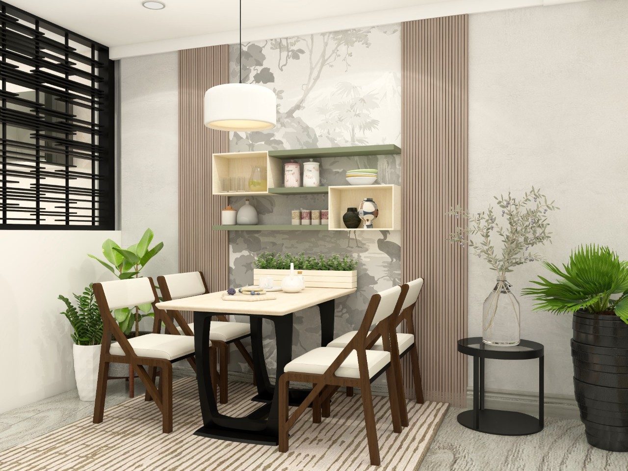 White dining room with louvered paneling and floating shelves-Beautiful Homes