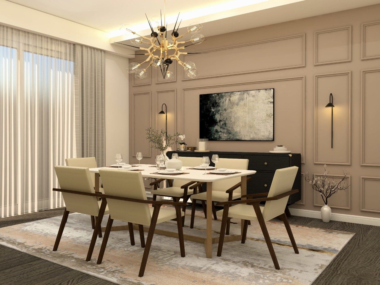 White dining table with black console and beige wall paneling-Beautiful Homes