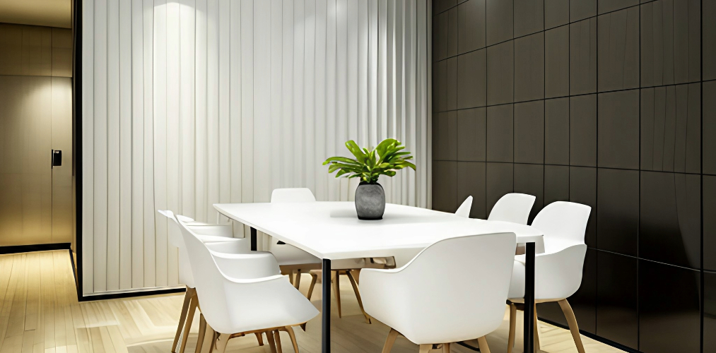 White dining table with white chairs and wall paneling-Beautiful Homes