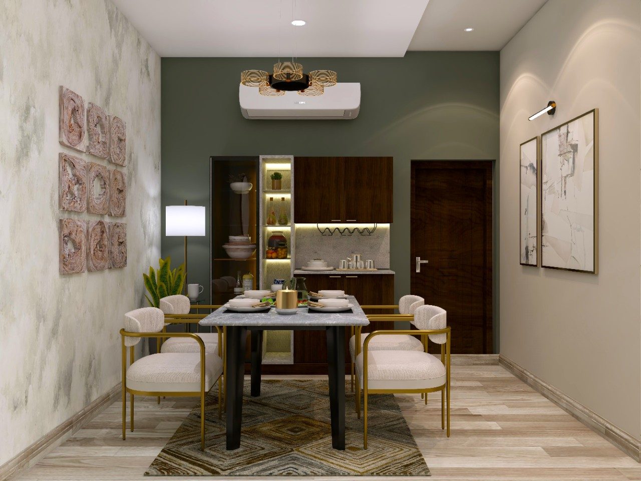 White upholstered chair with gold frame for grey marble dining table - Beautiful Homes