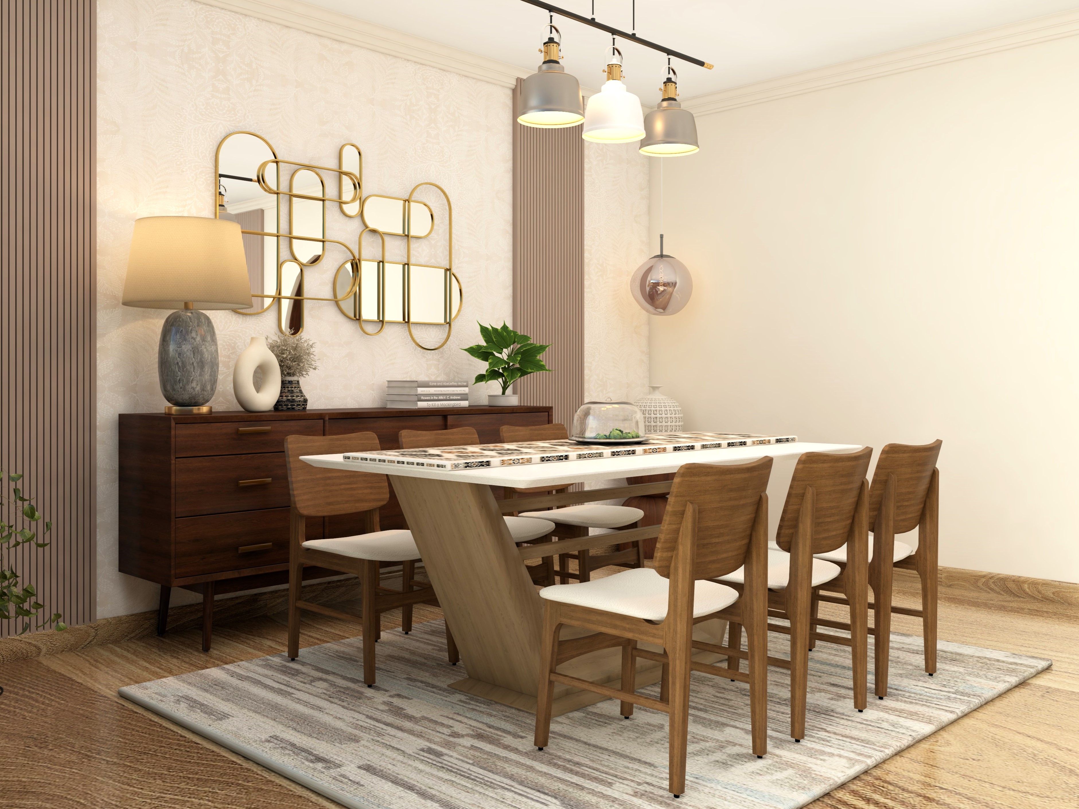 Wooden dining room with grey carpet and console unit-Beautiful Homes