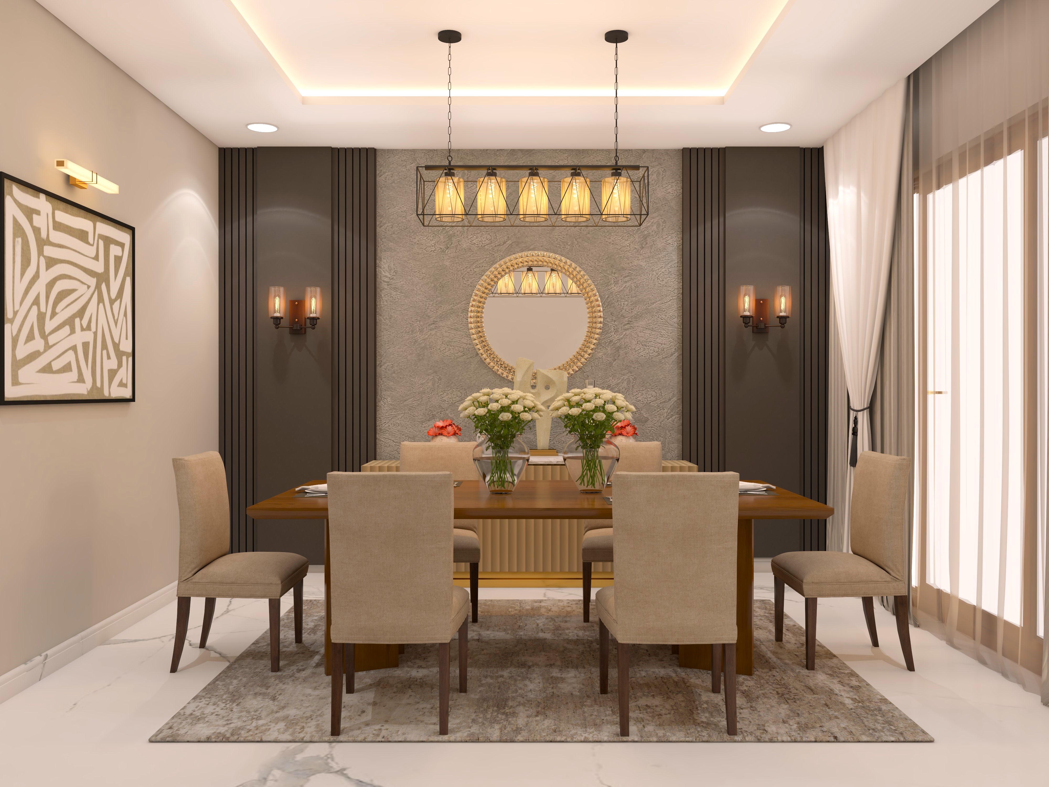 Wooden dining table design with beige chairs and carpet-Beautiful Homes