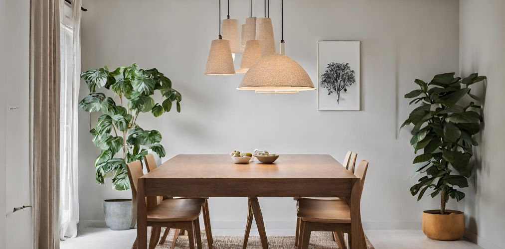 Wooden dining table with hanging lights - Beautiful Homes