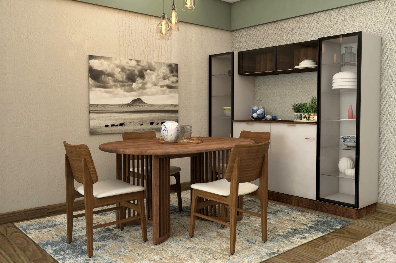 Wooden dining table with glass crockery unit and white chairs-Beautiful Homes