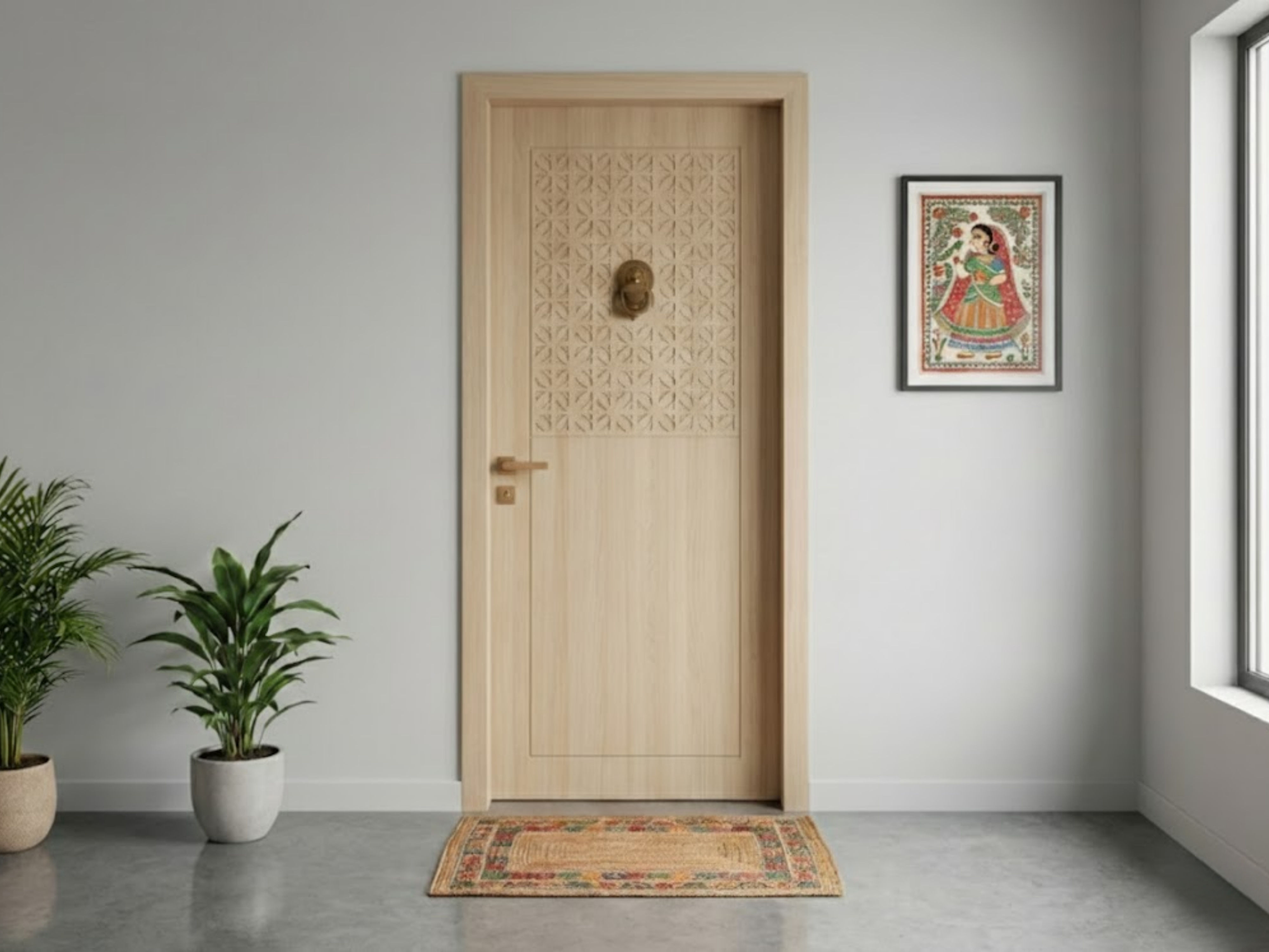 Beige wooden door with plants and wall art - Beautiful Homes