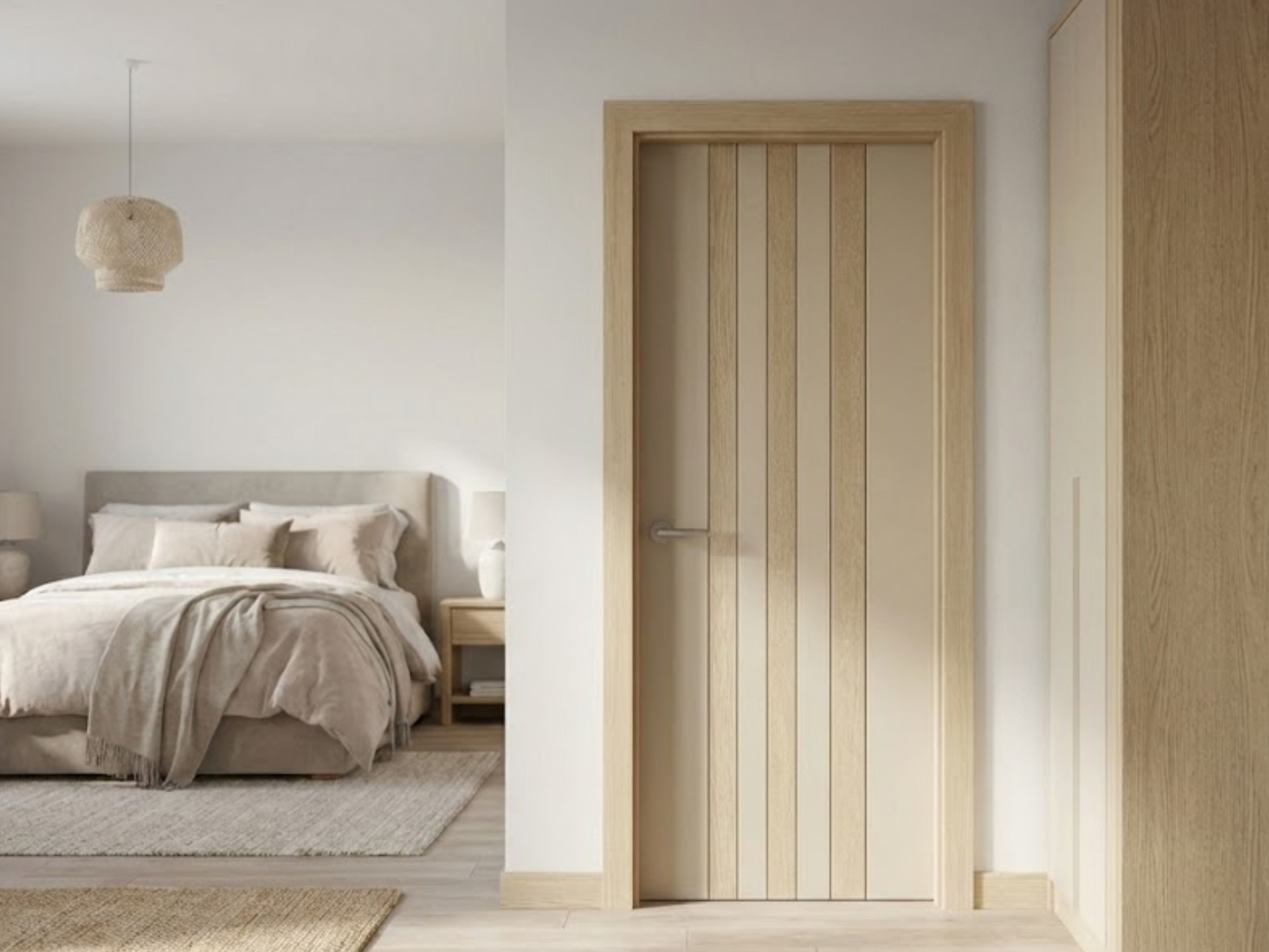 Minimalist bedroom with wooden door and neutral décor - Beautiful Homes