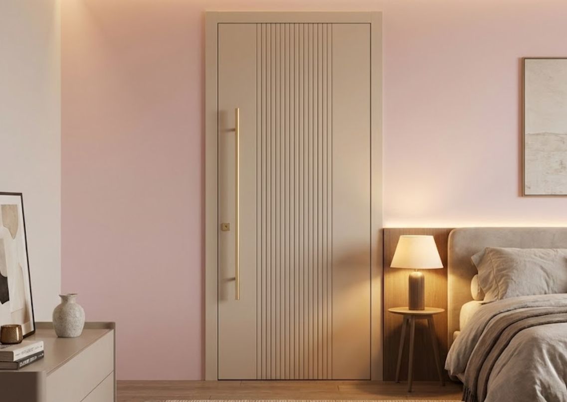 Modern bedroom with wooden table and lamp - Beautiful Homes