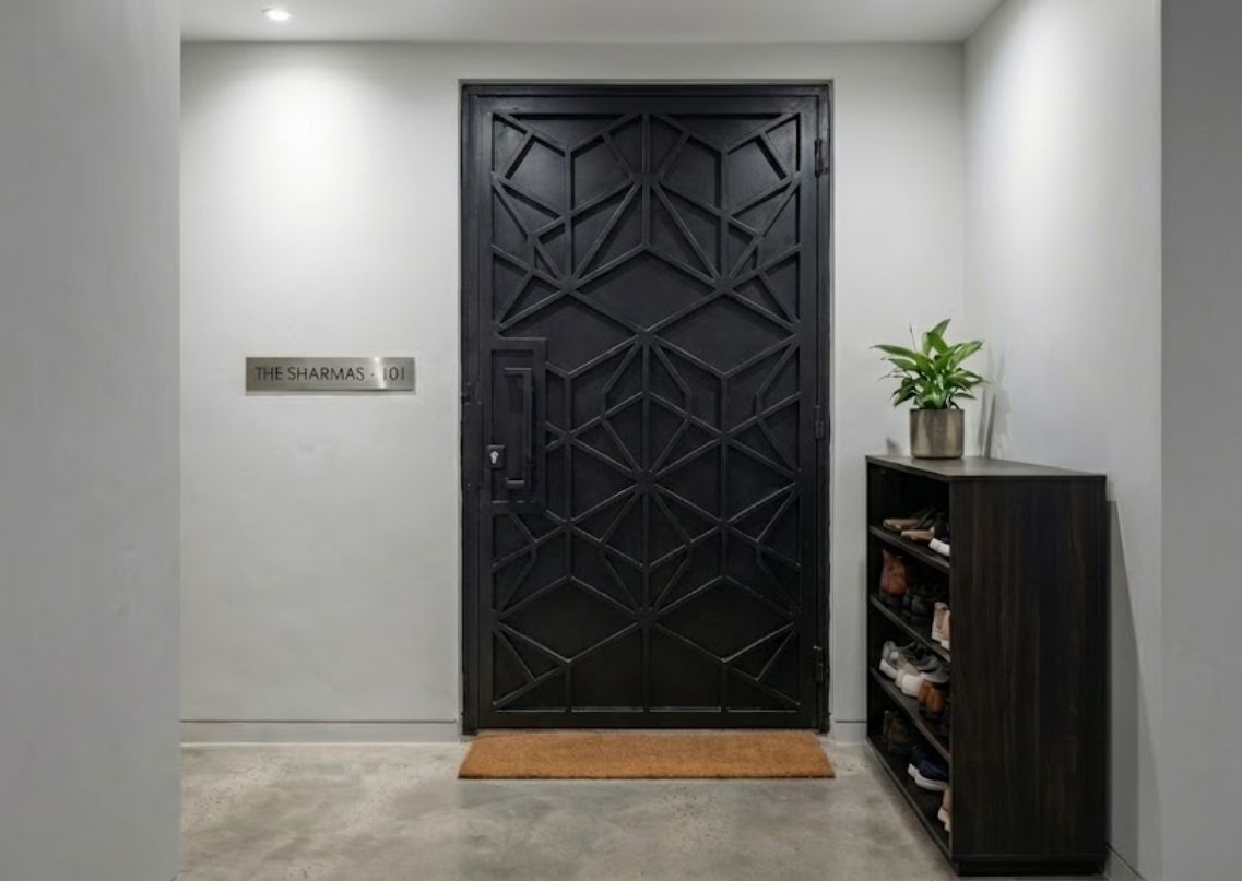 Modern black door with shoe rack and plant décor - Beautiful Homes