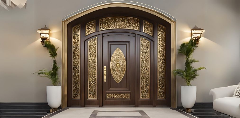 Brass-embellished main door entrance design - Beautiful Homes