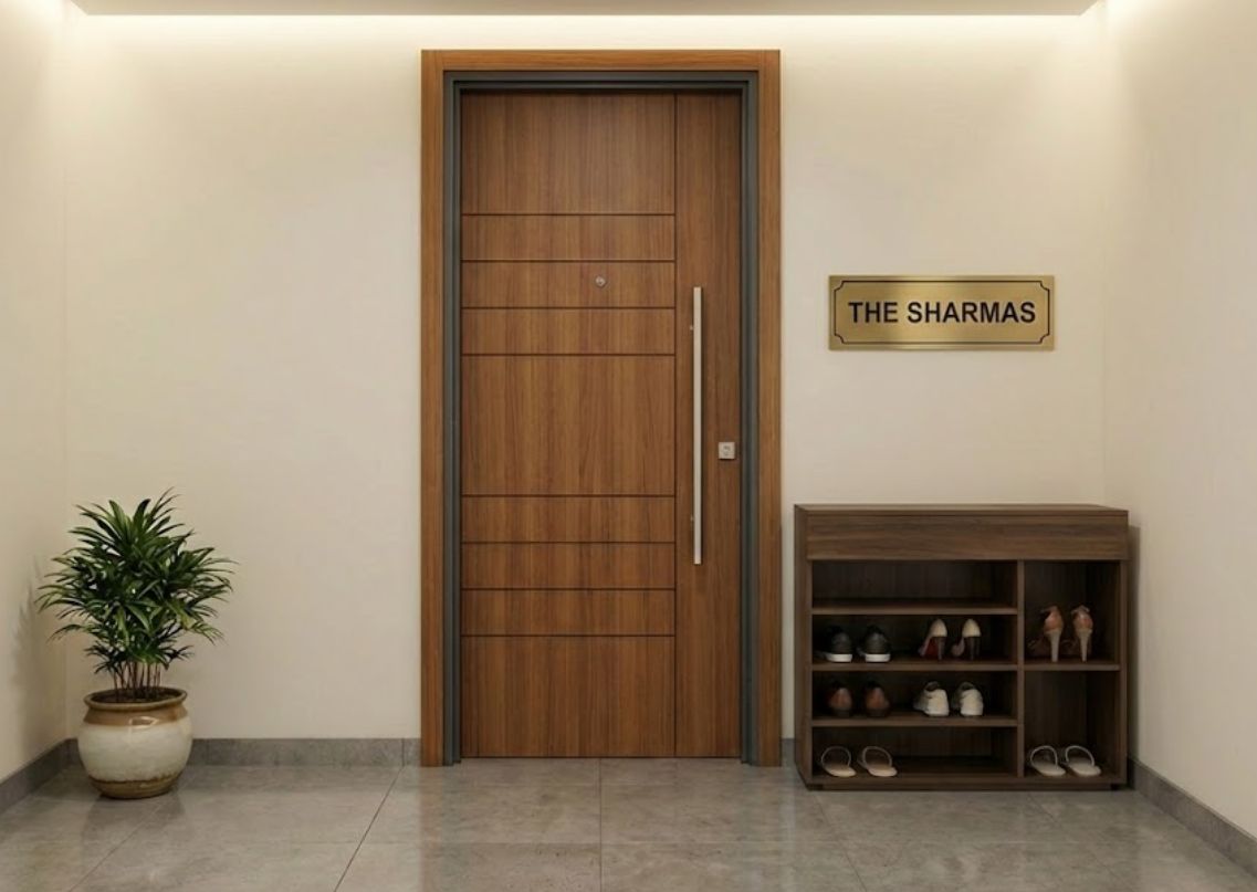 Modern wooden door with shoe rack and plant - Beautiful Homes