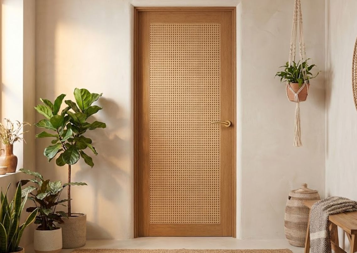 Room with cane door, plants, and bohemian décor - Beautiful Homes