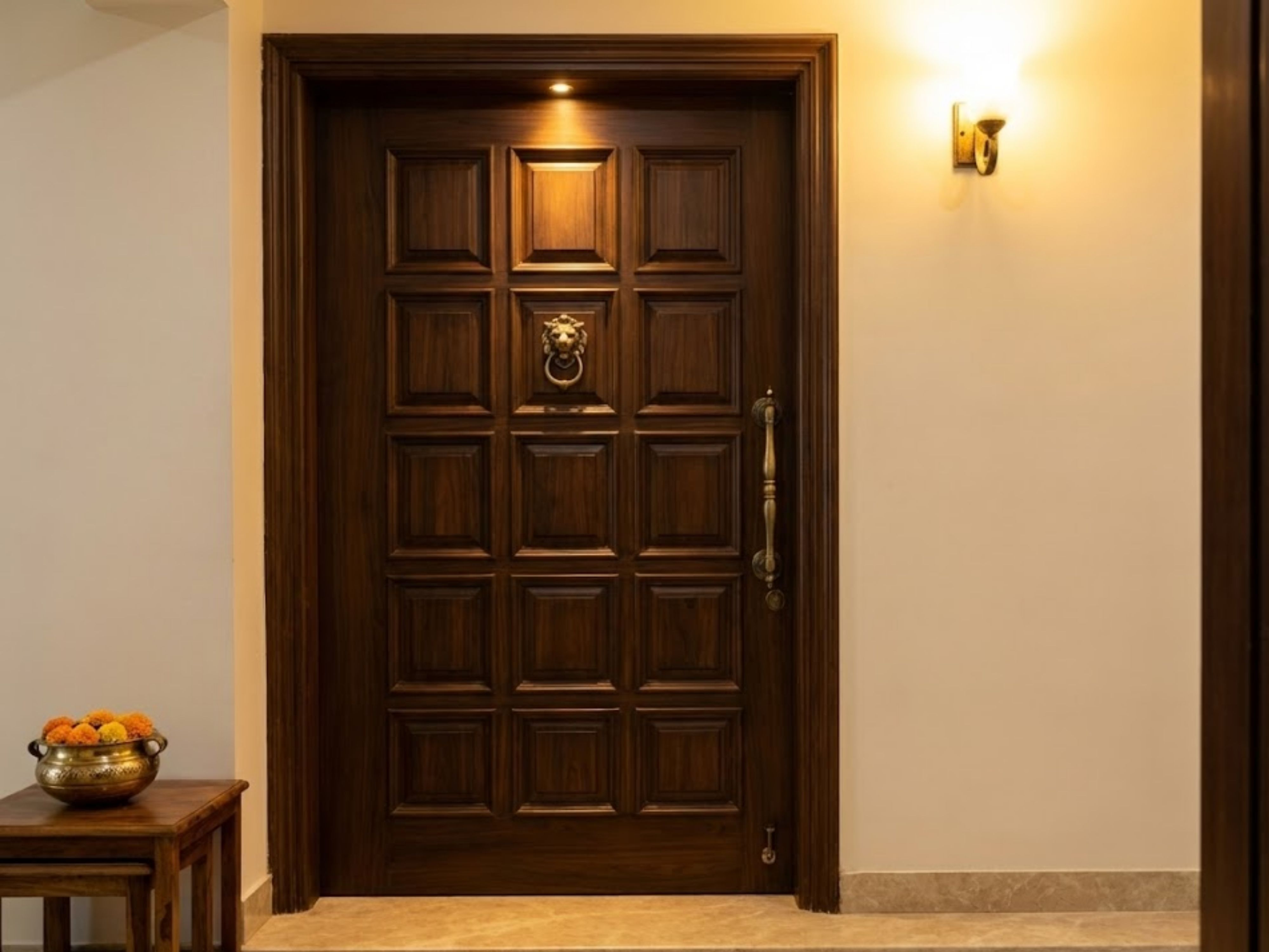 Wooden door with brass handle and decorative accents - Beautiful Homes