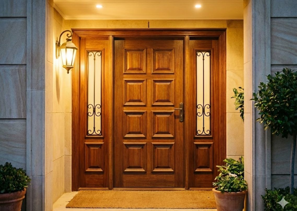 Wooden door with decorative panels and warm lighting - Beautiful Homes