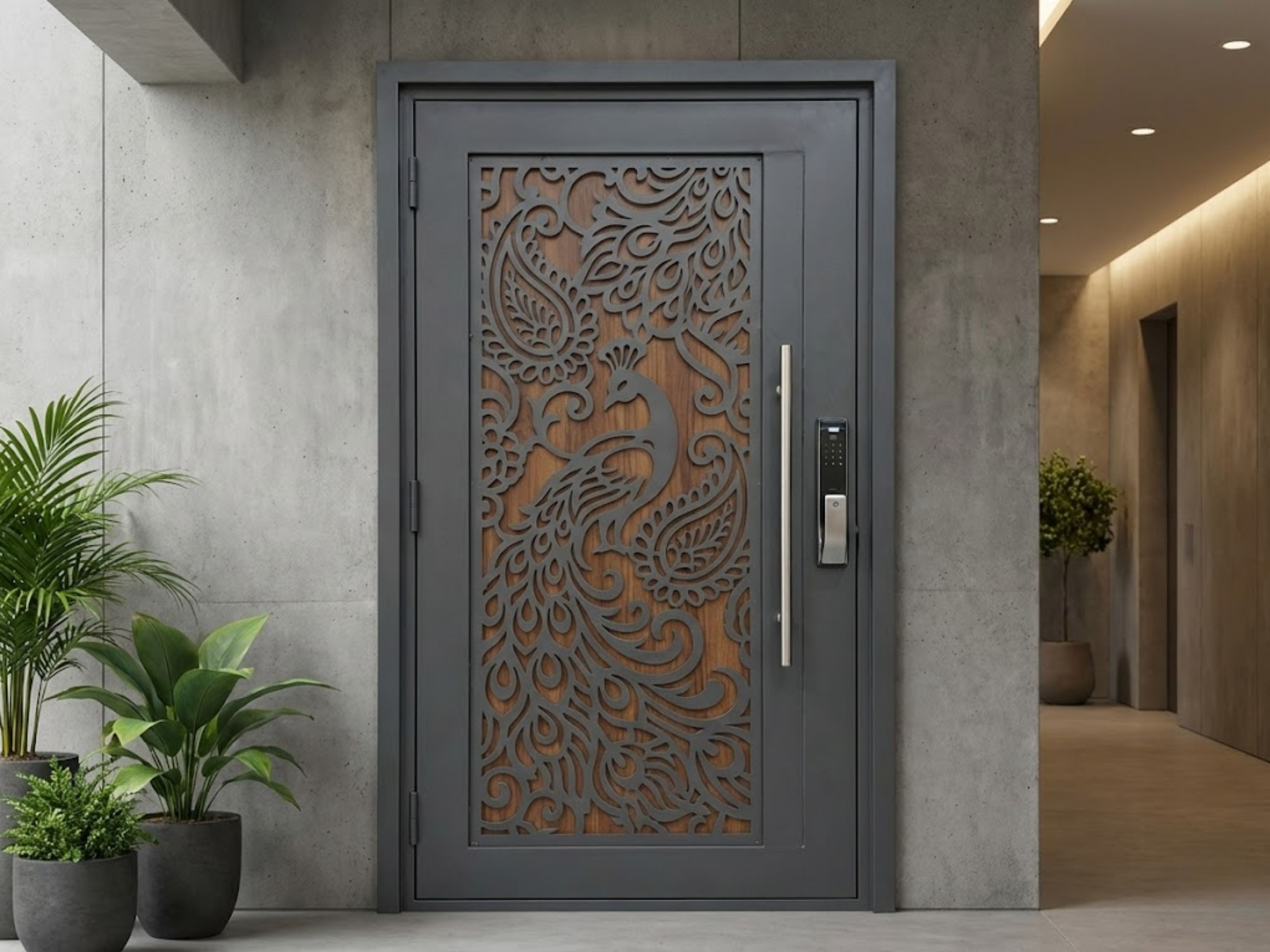 Steel-framed door with intricate peacock pattern - Beautiful Homes