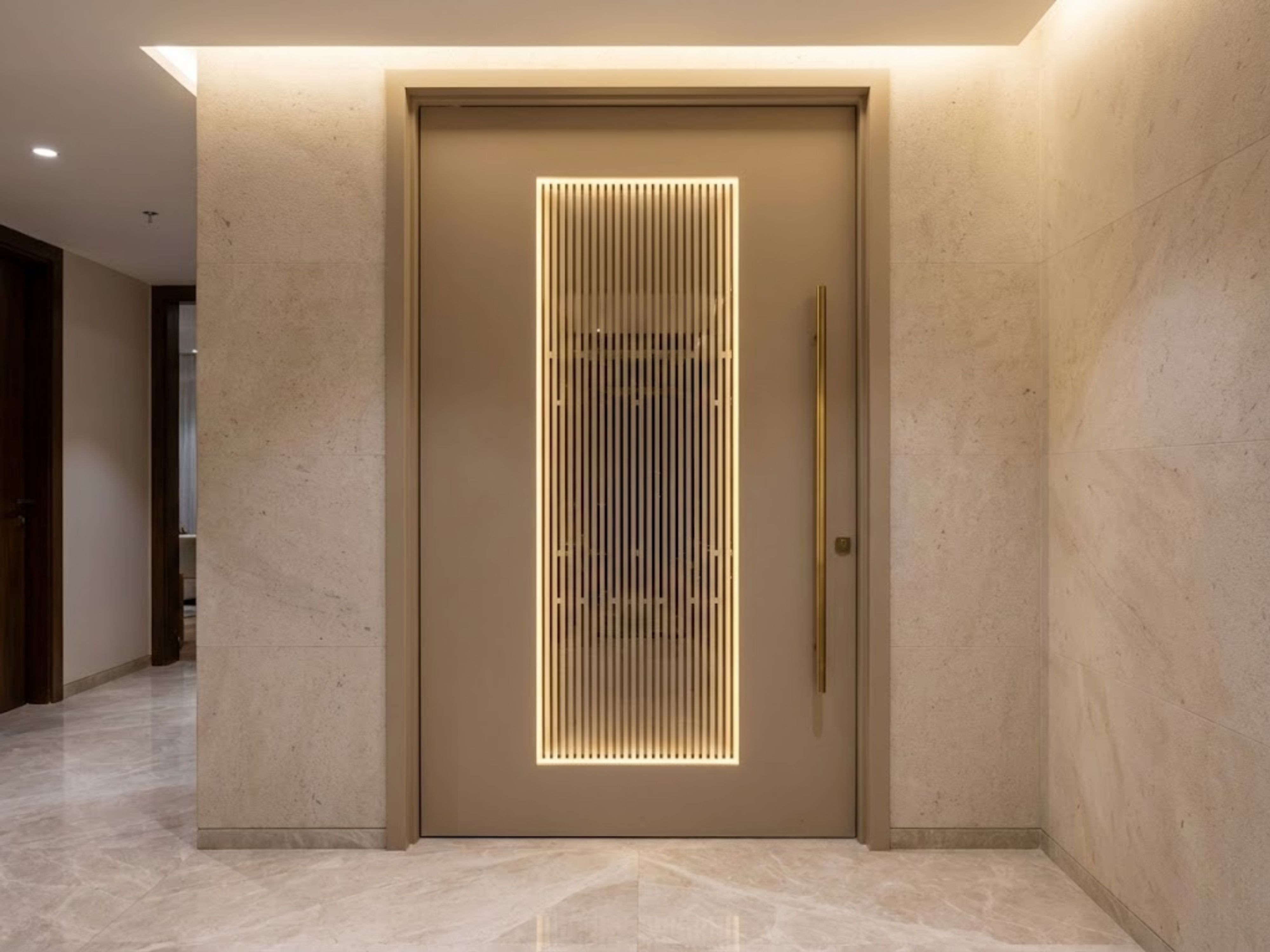 Illuminated door with vertical lines and marble walls - Beautiful Homes