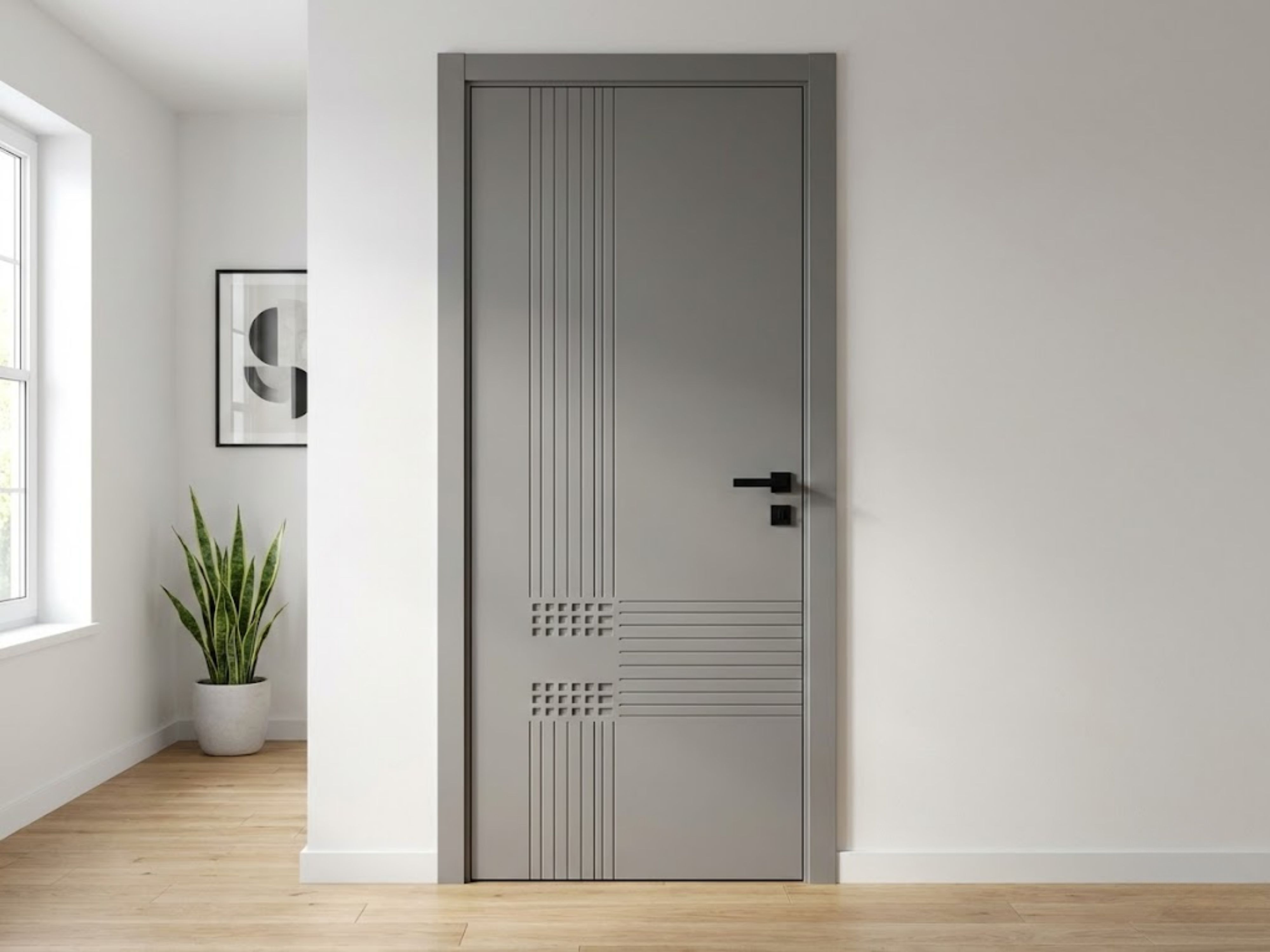Grey door with black handle and wooden flooring - Beautiful Homes