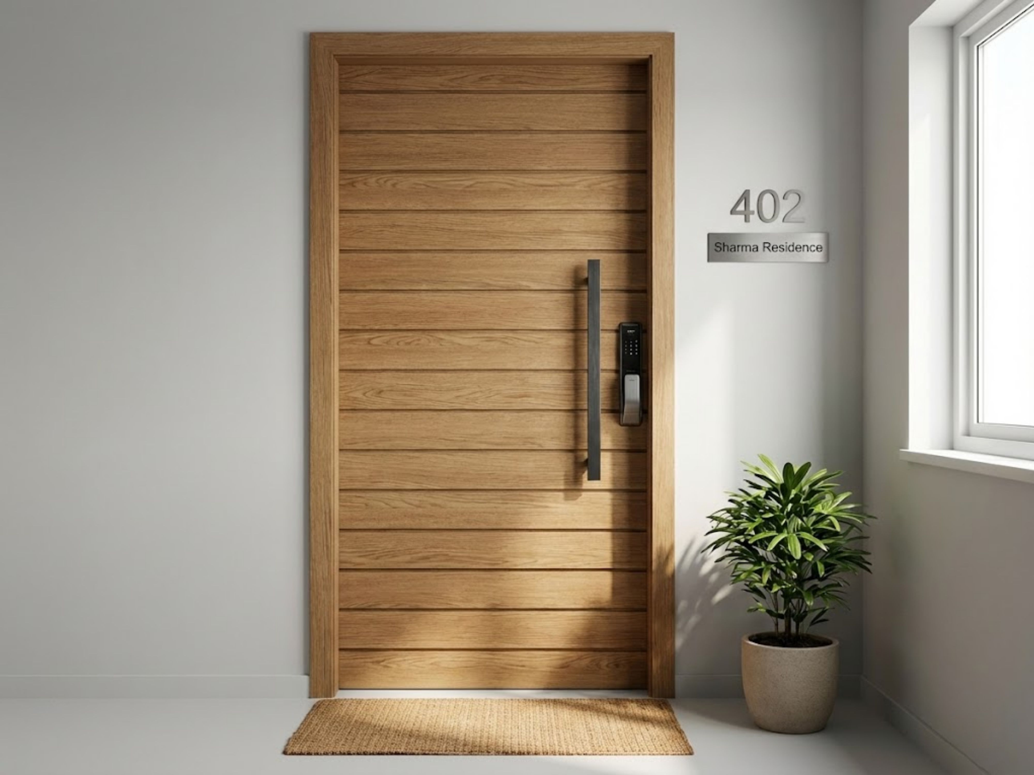 Wooden door with digital lock and potted plant - Beautiful Homes