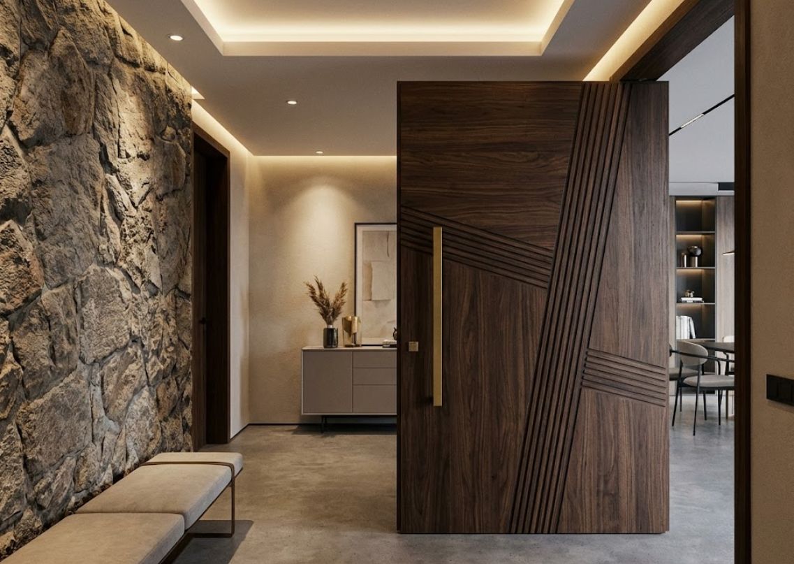 Hallway with wooden door and stone wall design - Beautiful Homes