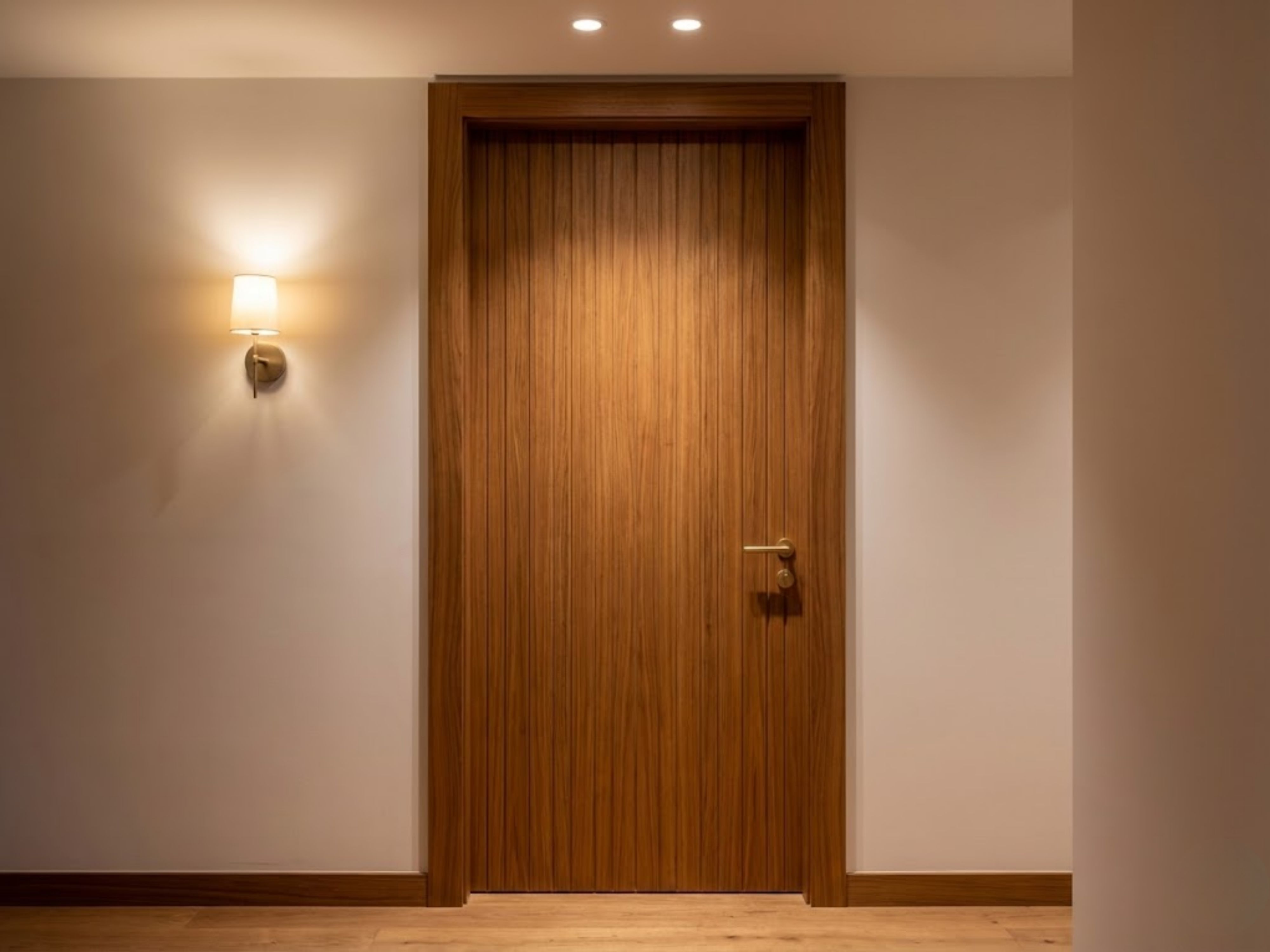 Vertical wood-paneled door with warm lighting - Beautiful Homes