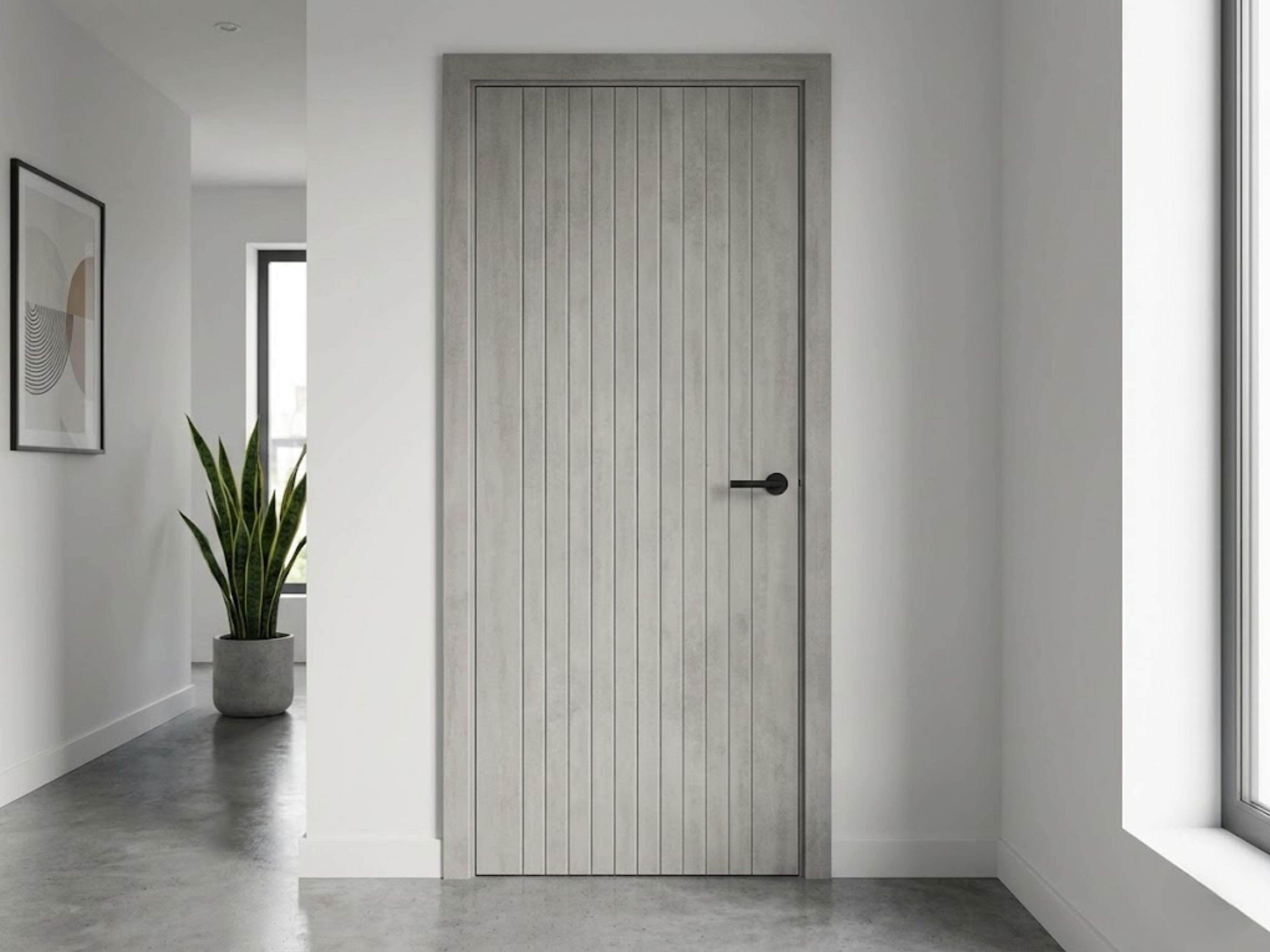 Modern hallway with door and potted plant - Beautiful Homes