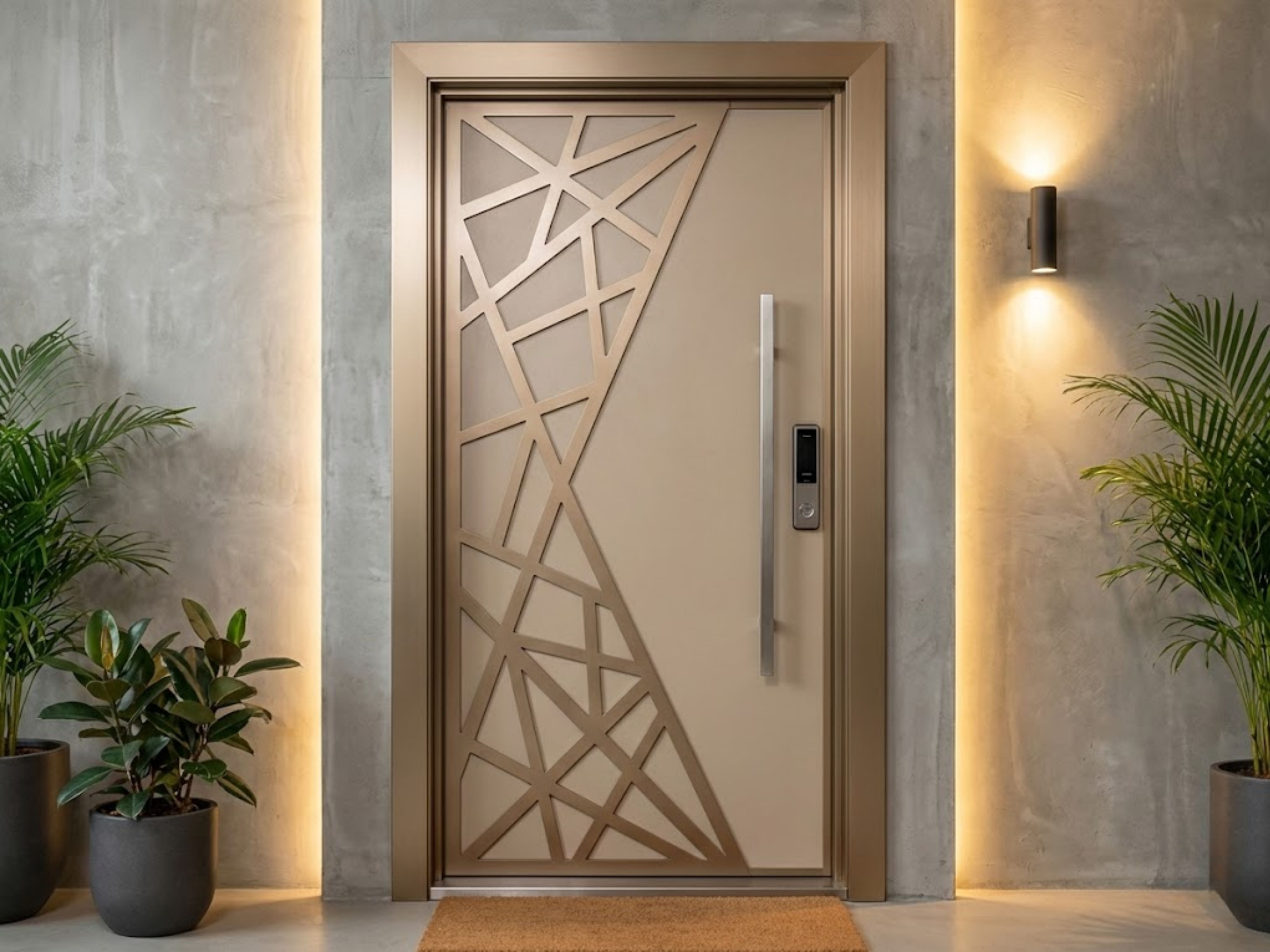 Beige door with geometric design and wall lighting - Beautiful Homes