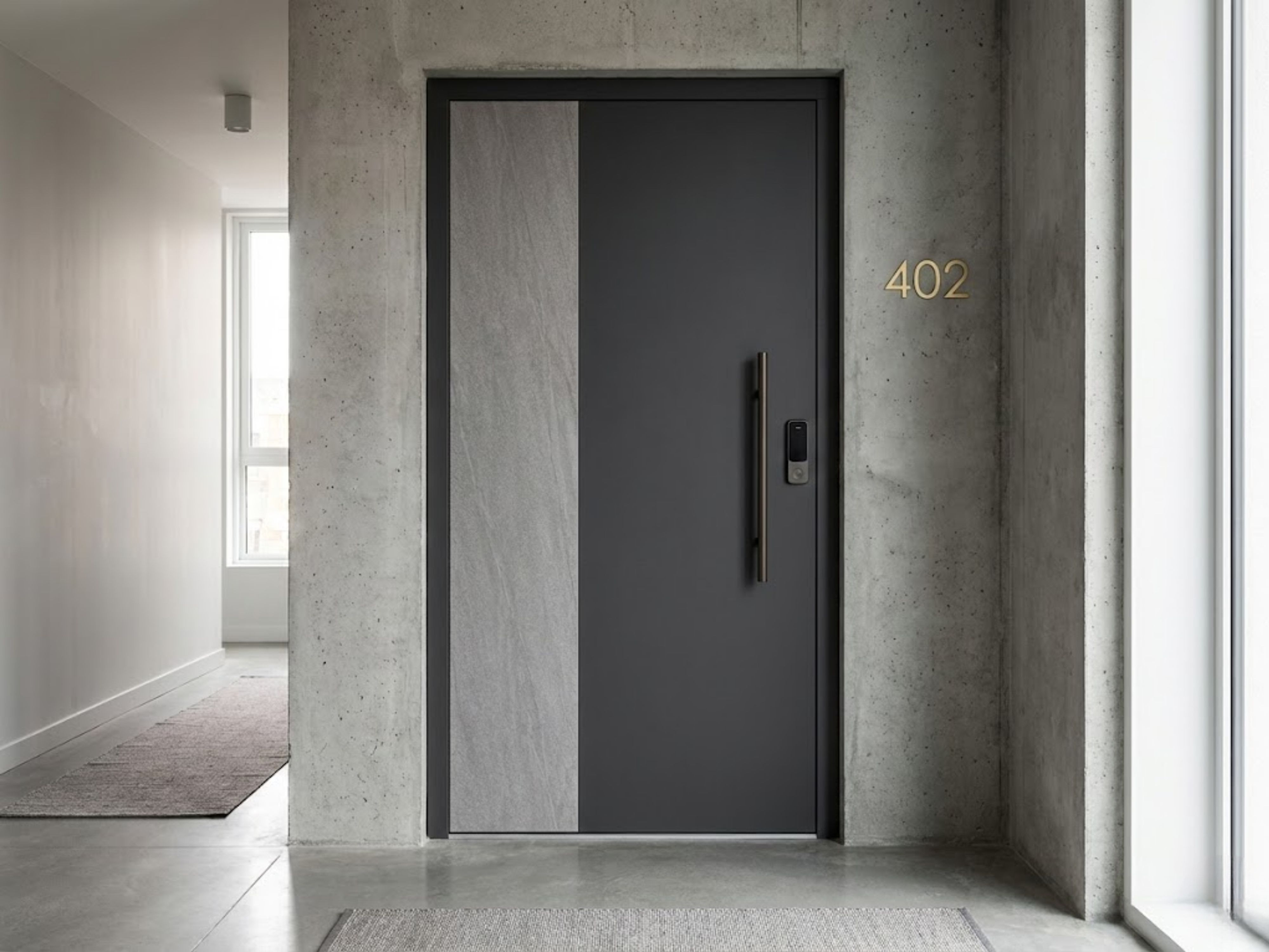 Modern black door with concrete wall décor - Beautiful Homes