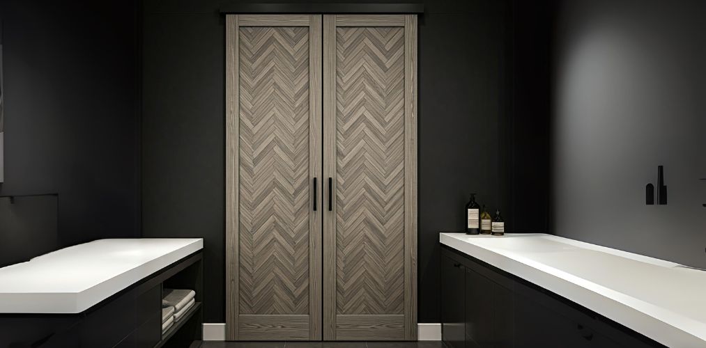 Double sliding herringbone patterned laminate door in bathroom - Beautiful Homes