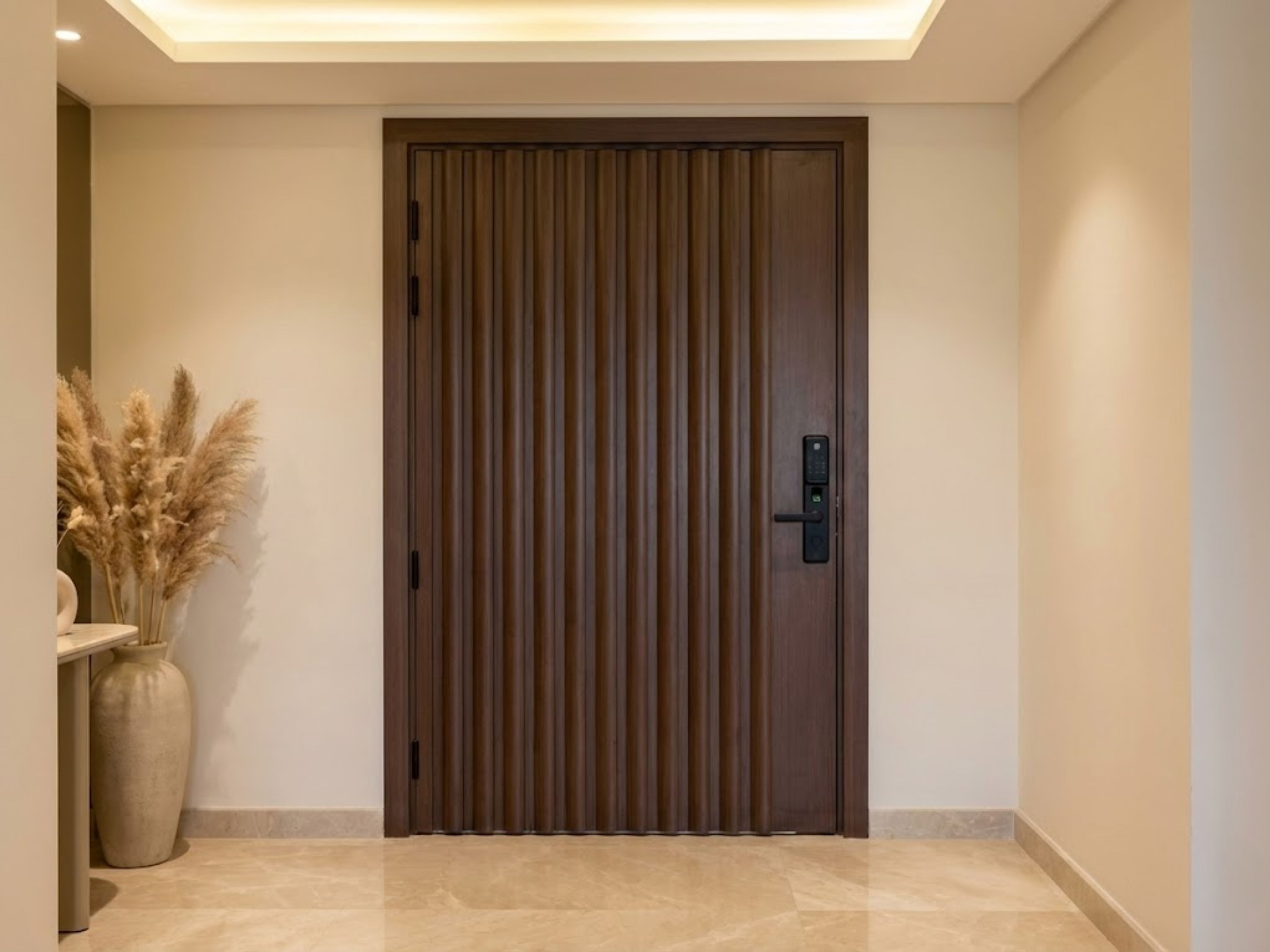 Wooden door with vertical panels and beige walls - Beautiful Homes