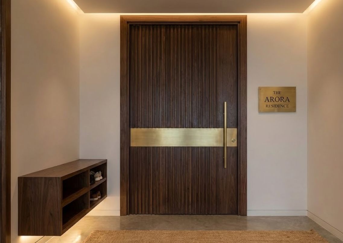 Modern wooden door with brass handle and nameplate - Beautiful Homes